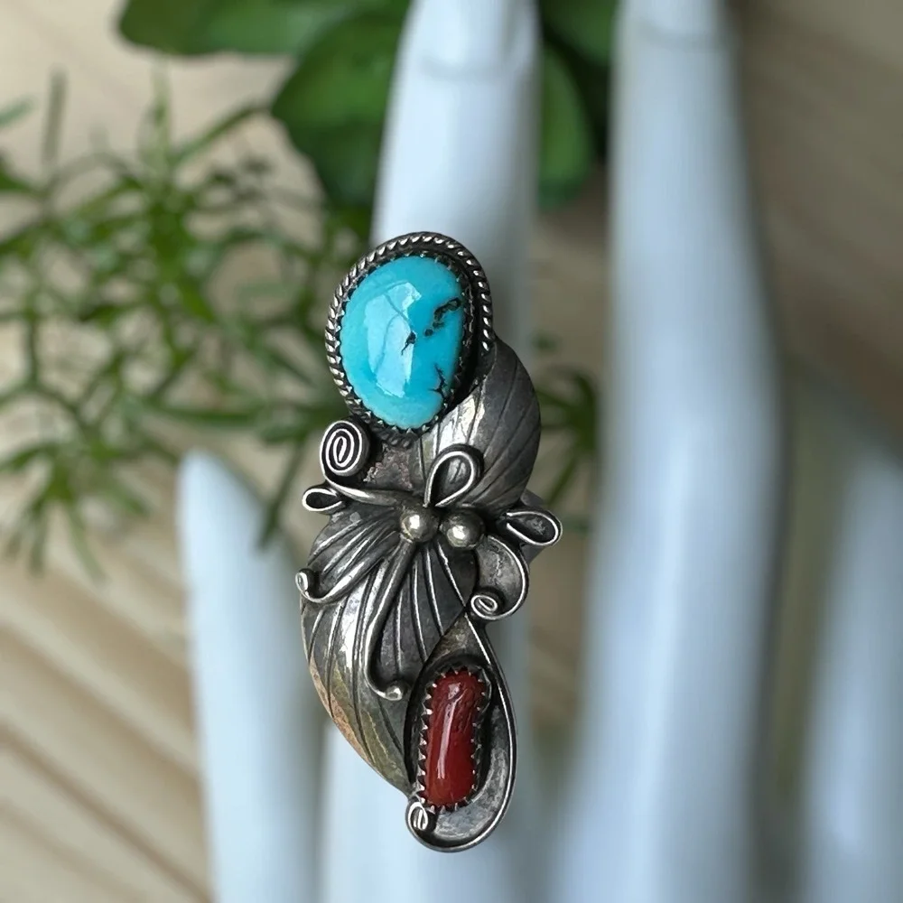 VTG‎ Navajo Ring Size 6.75 Turquoise Coral Floral Leaves Sterling Signed C 8.9g